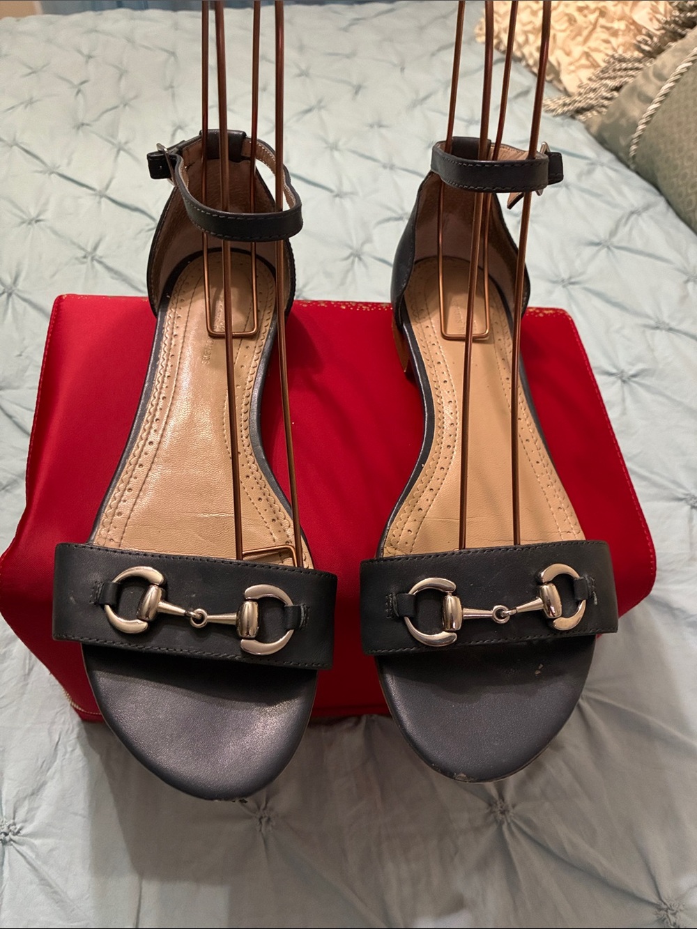 Black Ankle-Strap Sandals with Metal Horsebit Accent